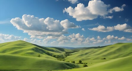 Obraz premium Rolling green hills and blue sky with clouds