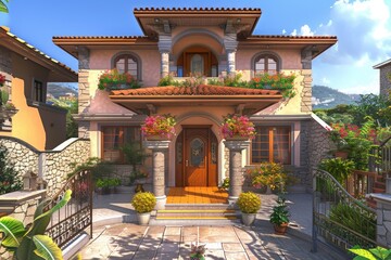 a beautiful old ancient big villa house entrance with beautiful flowers