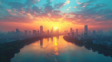 Fototapeta premium Cityscape from Above: An aerial view of a city skyline, capturing the energy and vibrancy of urban life, suitable for business and travel concepts.