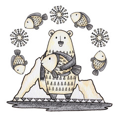 Polar bear with fish and snowflakes. Hand drawn cute arctic animals isolated illustration with colored pencil. White bears family texture graphic design.