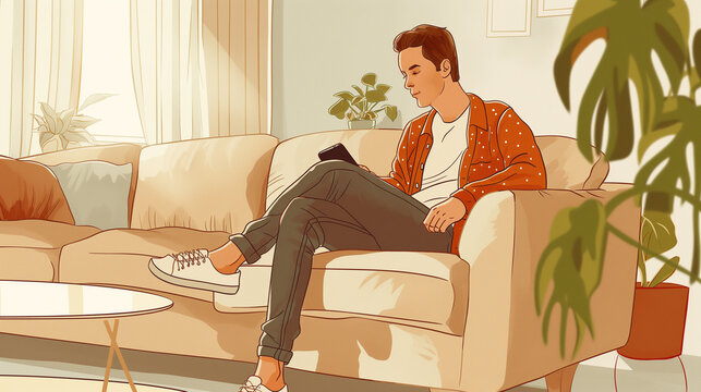 Homem sentado no sofá de sua casa com cores marrom - Ilustração