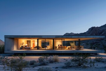 A modern minimalistic style single story house has a flat roof, clean lines, and large glass...