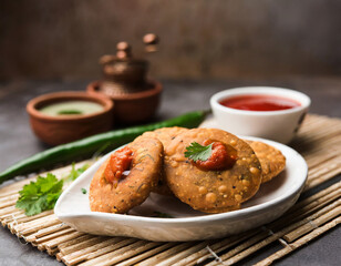 Fototapeta na wymiar kachori is a flat spicy snack from india also spelled as kachauri and kachodi