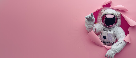 The image captures a spaceman in white breaking a pink paper, alluding to new ventures and success - obrazy, fototapety, plakaty