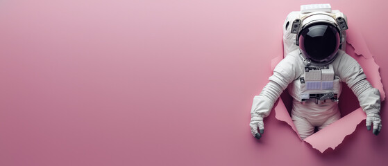 A solitary astronaut punctures through pink backdrop, hinting at isolation and the pursuit of dreams - obrazy, fototapety, plakaty