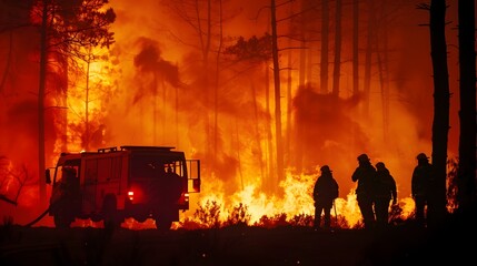 Heroic Firefighters Battling Gigantic Raging Forest Fire Consuming the Landscape in a Blaze of Flames and Thick Billowing Smoke