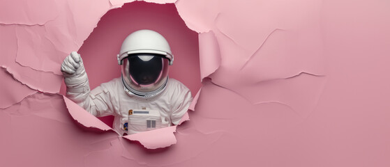 An astronaut shows a thumbs up through a pink paper tear, indicating approval and positivity