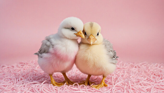 Two chicks cuddling with pink image colorful background