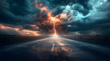 Raging Storm Clouds Unleash Dramatic Lightning Bolt Over Ominous Asphalt Road Amidst Cinematic Landscape - obrazy, fototapety, plakaty