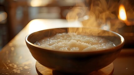 Steaming Michelin-Grade Chinese Rice Porridge Dish in Warm Lighting