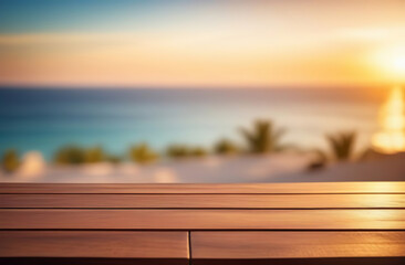 Fototapeta na wymiar Empty wooden table, bar pier with tropical sunny beach background. Copy space for your promo, text or logo brand. Wood desk board on nature blue sky sea view. Blank tabletop on blur summer ocean scene