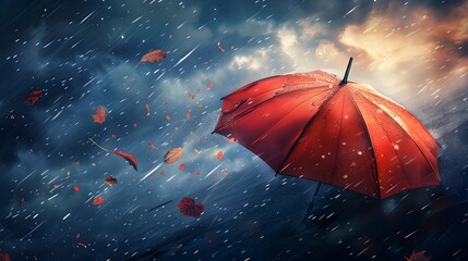 Vibrant Red Umbrella Soaring Through a Turbulent Autumn Storm with Lightning,Swirling Leaves,and Intense Atmospheric Conditions - obrazy, fototapety, plakaty