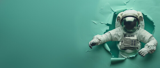 An astronaut in a white suit breaks through a solid green colored wall depicting breakthrough, innovation, and challenge - obrazy, fototapety, plakaty