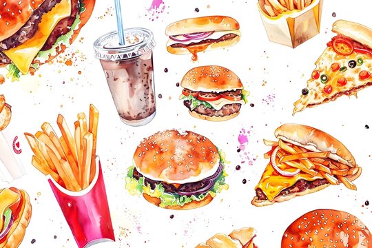 Vibrant Pastel Watercolor Depiction of Assorted Appetizing Fast Food Items on White Background
