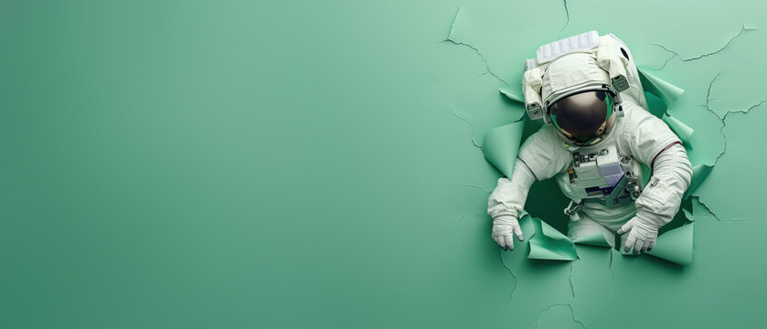 Confident astronaut with arms folded elegantly emerges from pastel green broken wall showing strength, assurance, and dedication