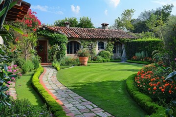 Naklejka premium A winding stone pathway meanders through a lush green yard, leading to a charming house nestled amidst vibrant foliage