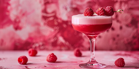 red cocktail with raspberries on a pink background - obrazy, fototapety, plakaty