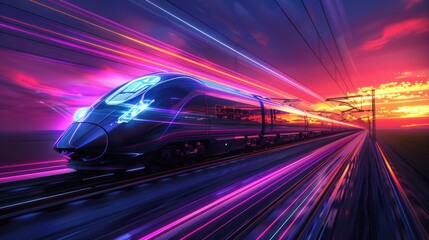 Colorful holographic High-speed train on dark background. AI generated image - obrazy, fototapety, plakaty
