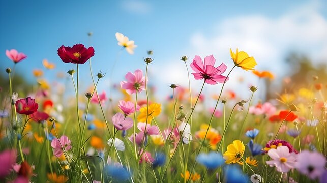 Colorful flower blossom in the garden field during spring season