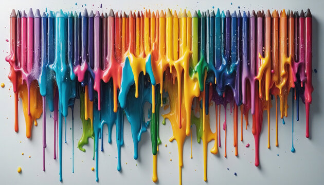 colorful cascading melted liquid rainbow crayons splash frozen in an abstract futuristic 3d texture isolated on a transparent colorful background