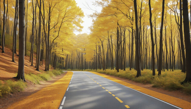Road crossing a forest in autumn with yellow leaves on the trees colorful background