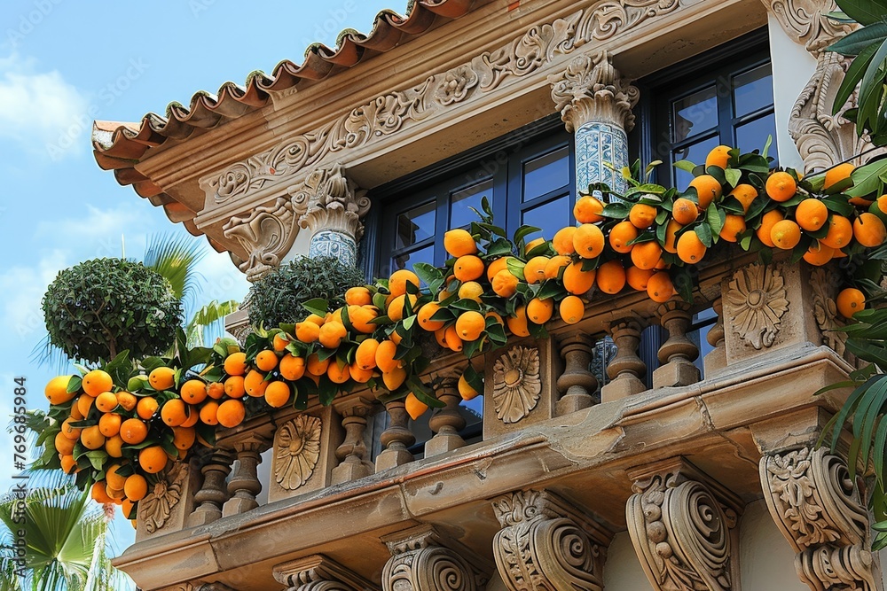 Aufkleber a cluster of ripe oranges hanging from branches on a balcony overlooking a bustling city
