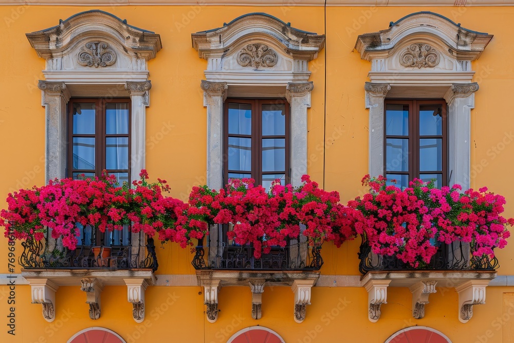 Poster A vibrant yellow building adorned with a colorful assortment of flowers in its windows, creating a cheerful and inviting atmosphere