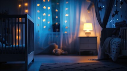 A serene nighttime nursery room with a crib, star-patterned curtains, and soft-glowing lamp.