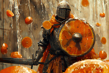 Vitamin C as a knight, wielding a shield against infections and an antioxidant sword, in a battle against free radicals - obrazy, fototapety, plakaty