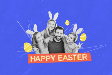 Creative photo collage young cheerful family husband wife children siblings happy easter springtime...