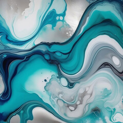 Alcohol ink art full frame background. Currents of blue cyan hues, stains, golden swirls, soft...