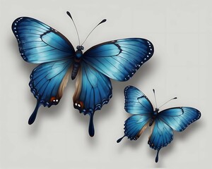 A set of three very beautiful blue butterflies with color transitions isolated on a transparent background400