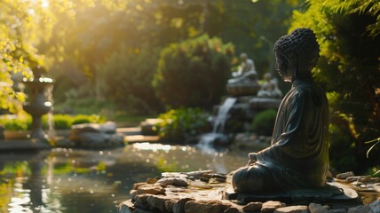 A bronze Buddha statue in meditation by a tranquil pond surrounded lush greenery under soft sunlight.