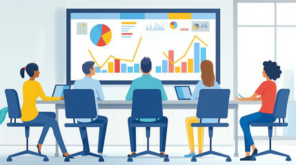 Company Operations Manager Holds Meeting Presentation. Diverse Team Uses TV Screen with Growth Analysis, Charts, Statistics and Data. People Work in Business Office.
