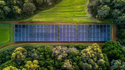 Solar panel installation near a lush forest. - obrazy, fototapety, plakaty