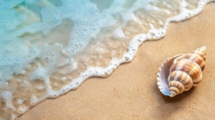 Seashell on the beach with waves gently lapping at sandy shore, creating a serene coastal scene. - obrazy, fototapety, plakaty