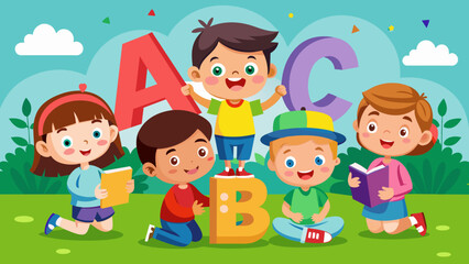 vector illustration of cartoon kids with 123 numbe