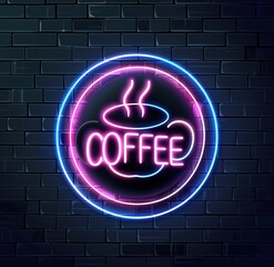 Glowing neon coffee sign on a dark brick wall background, bringing warmth and aroma to coffee lovers - obrazy, fototapety, plakaty