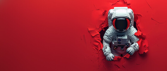 Top view of astronaut smashing through red surface depicting overcoming obstacles and success - obrazy, fototapety, plakaty