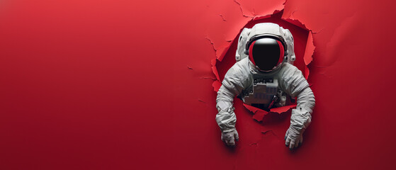 Dynamic pose of astronaut bursting through red wall symbolizing action and momentum - Powered by Adobe