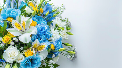 Flower decoration idea. bouquet of white, blue, and yellow flowers on a plain background