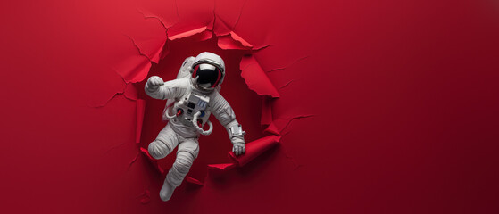 An astronaut in a white suit is depicted breaking through the red layer, symbolizing breakthrough and discovery
