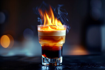 B 52 alcohol shot.  Cocktail with fire on top. - obrazy, fototapety, plakaty