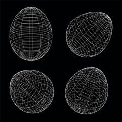 Wireframe egg shape set in different positions, Easter eggs with wireframe line style 3D shape.Vector black and white illustration.