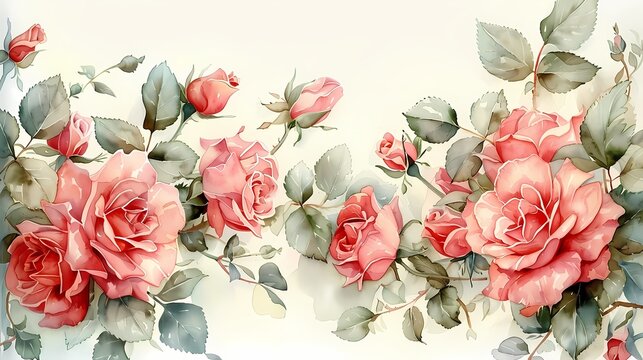 Fototapeta Floral frame watercolor, pink roses illustration for invitation, greeting card background, wallpaper and wall art,
