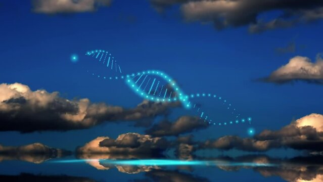 A simple model of a DNA molecule double helix made of small glowing blue neon dots, light bulbs over water with reflection against a sunset time lapse background. 4k creative video.