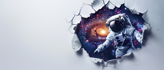 An astronaut seems to be entering into a galactic universe scene through a torn white wall, representing adventure - obrazy, fototapety, plakaty