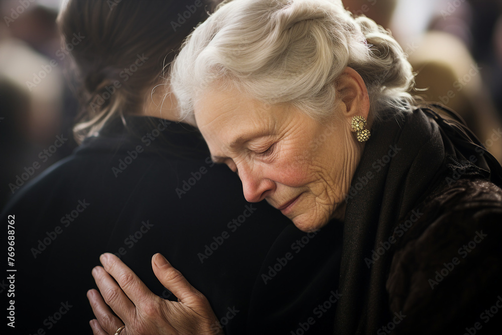 Wall mural death and funeral concept family mourning two people in cemetery farewell generative ai