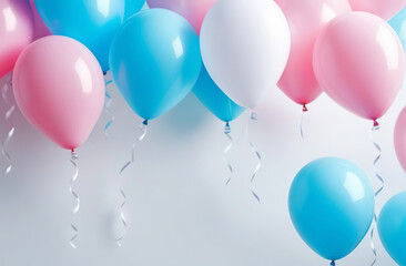 Pink and blue colored balloons on white wall interior background. Festive backdrop. Set of foil balloons with curly ribbons. Valentine's Day, wedding, birthday party decoration. Front view. Copy space