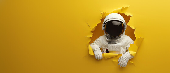 An astronaut in a white spacesuit breaks through a vibrant yellow wall, creating a dynamic and...